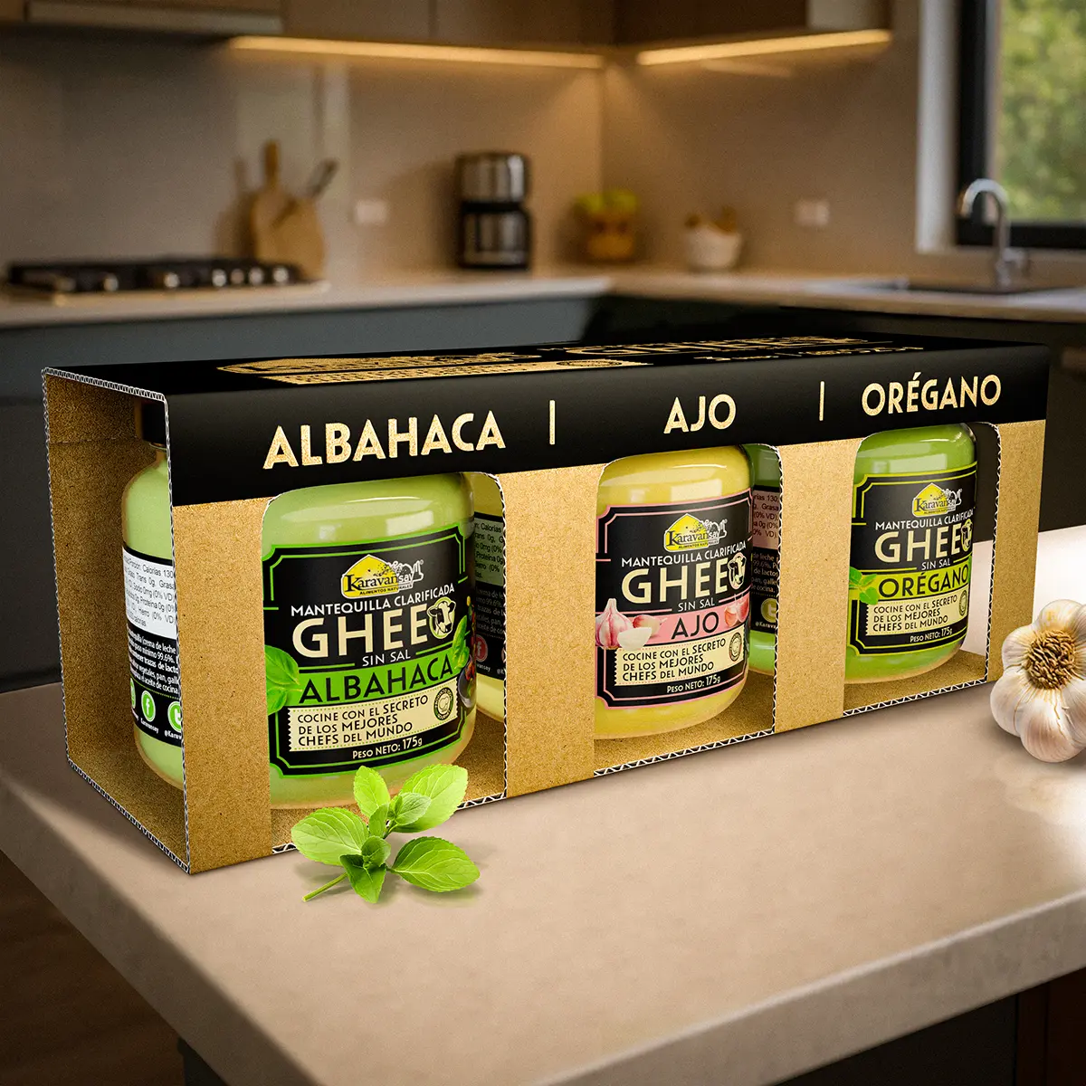 Diseño de packaging para Karavansay Ghee, alimentos, Colombia.
