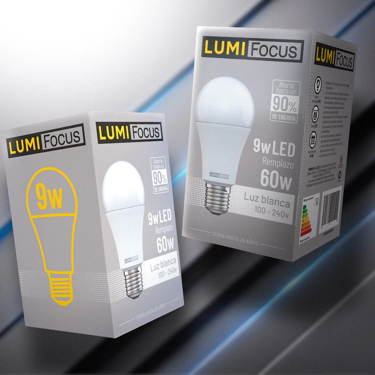 Diseño de packaging para Lumifocus, iluminación, México.