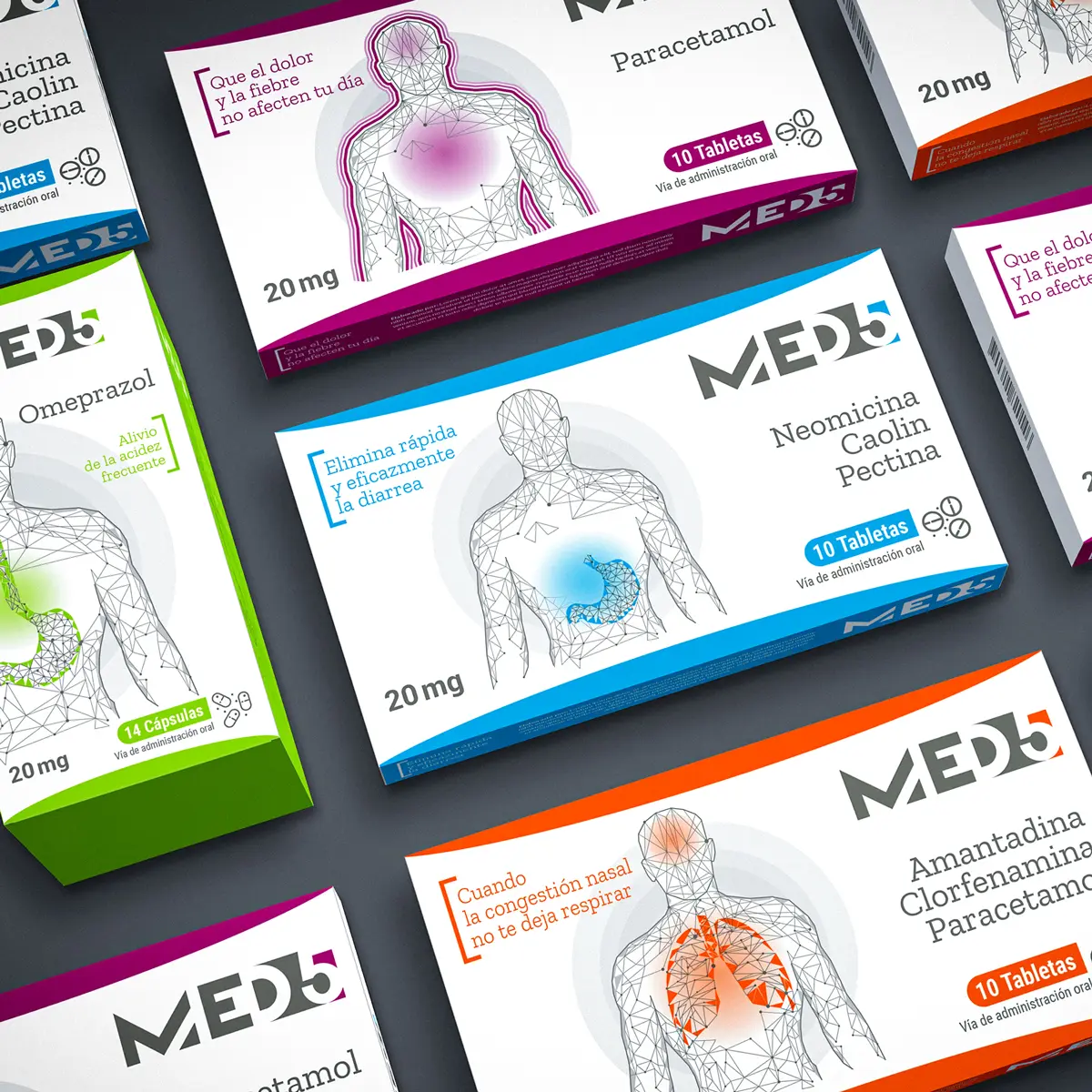 Diseño de packaging para MED5, farma OTC, México.