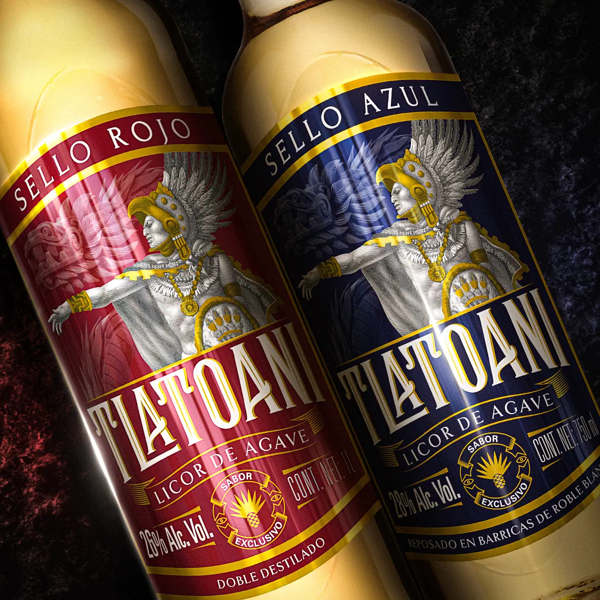 Diseño de packaging para Tequila Tlatoani, bebidas, México.